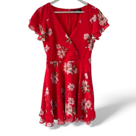 Lulu’s Bloom Into You Red Floral Print Ruffle Mini Dress Fit Flare S -NEW SOOL - Picture 1 of 11